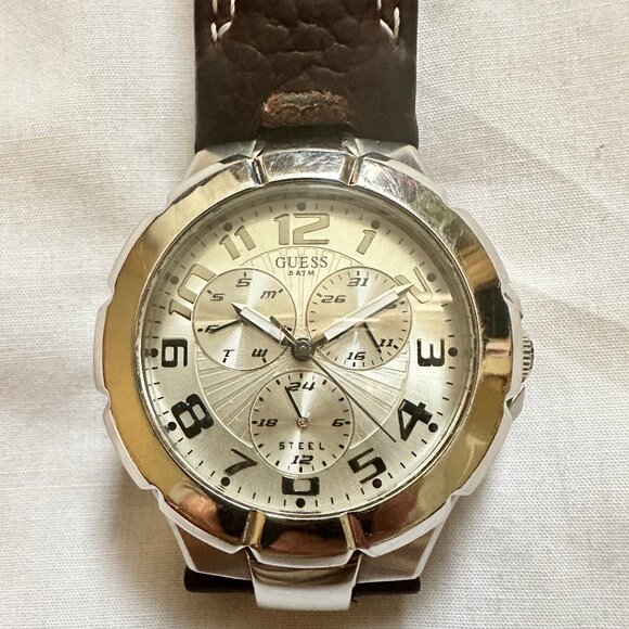 Guess Steel 190199G1 Men's Wrist Watch Brown Leather Band, New Battery, Quartz - Picture 3 of 9